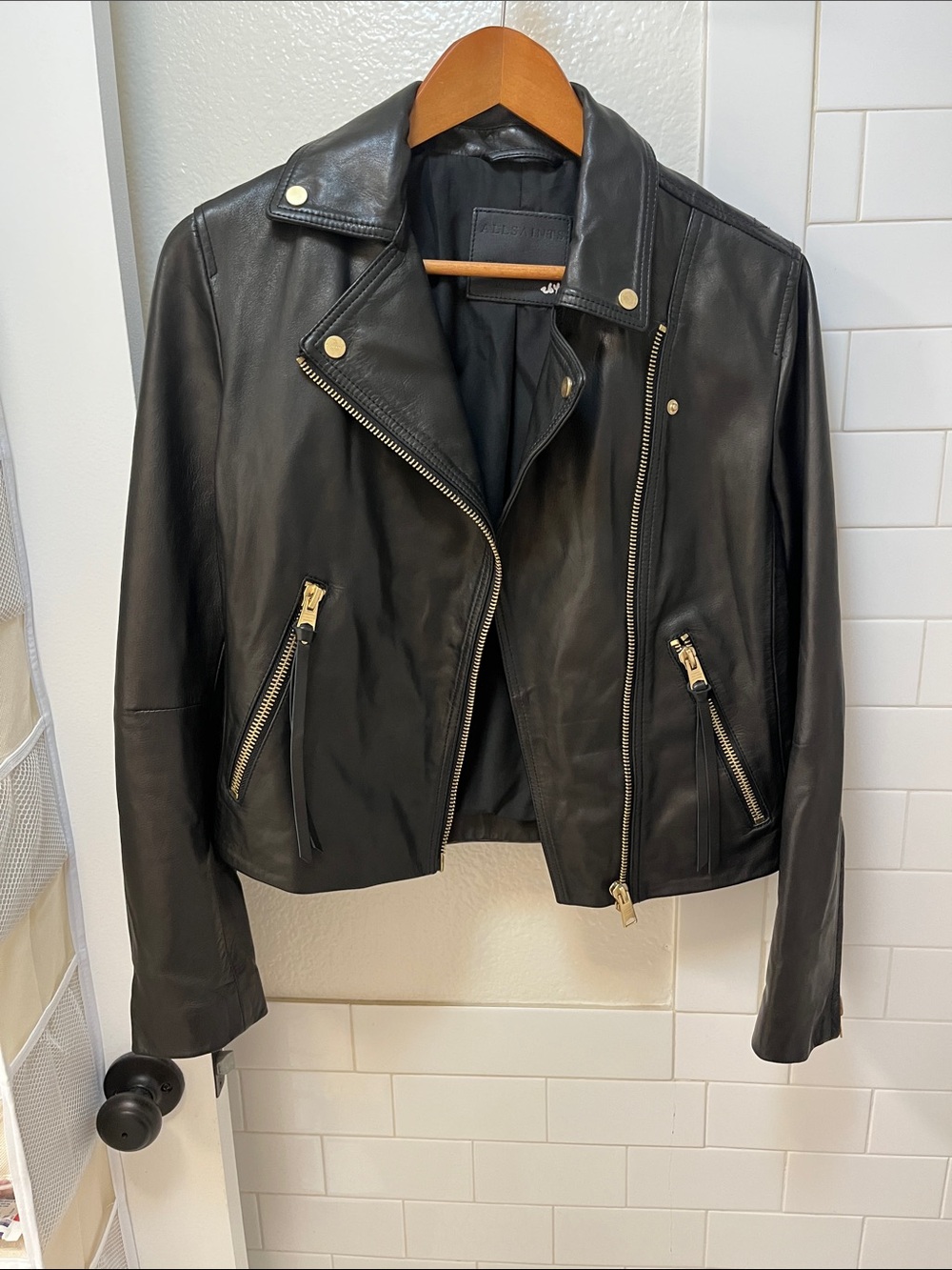 All Saints Black Leather Moto Jacket with Gold Zips